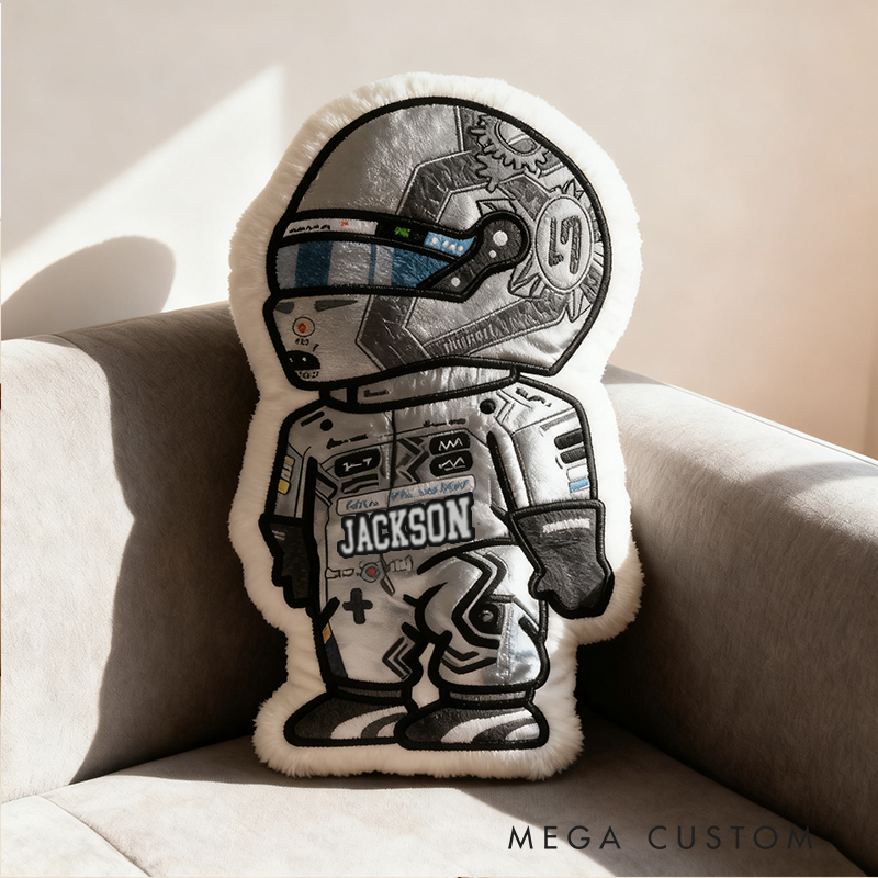 Personalized Vehicle Racing Driver Shaped Pillow with Silver Design and Custom Name Unique Gift for Kids