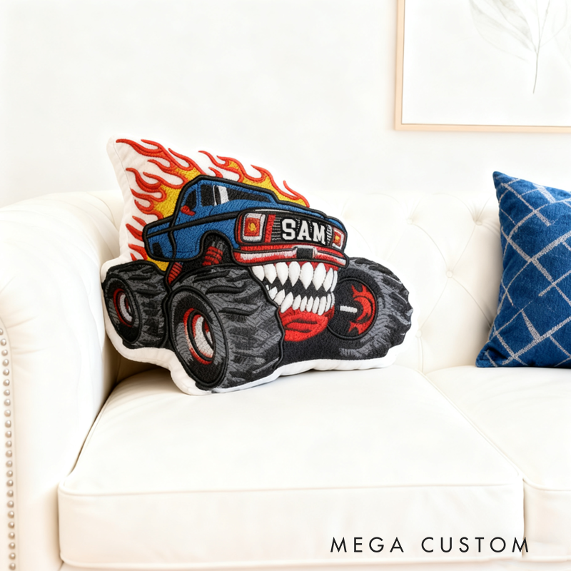 Personalized Monster Truck Shaped Pillow with Flame Design and Custom Name Unique Gift for Kids