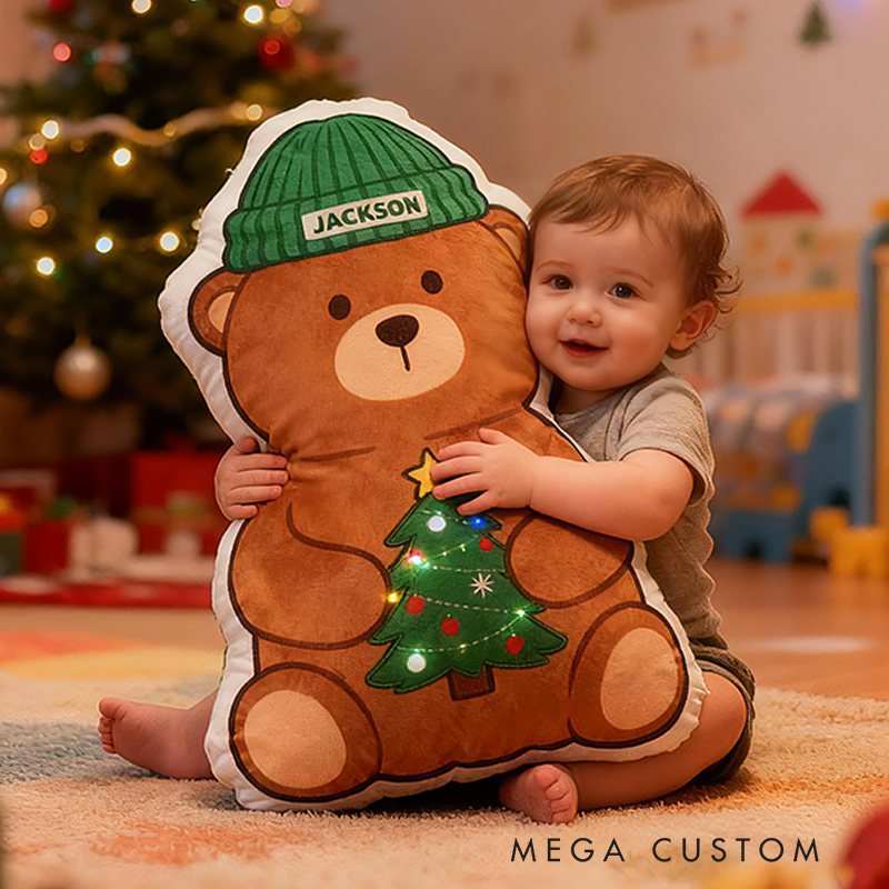 Personalized Christmas Bear Custom Name Soft Decorative Gift Festive Holiday Style Cozy Nursery Warm Tree Hat Cute Joyful Winter Magic Graphic 3D Print Pillow