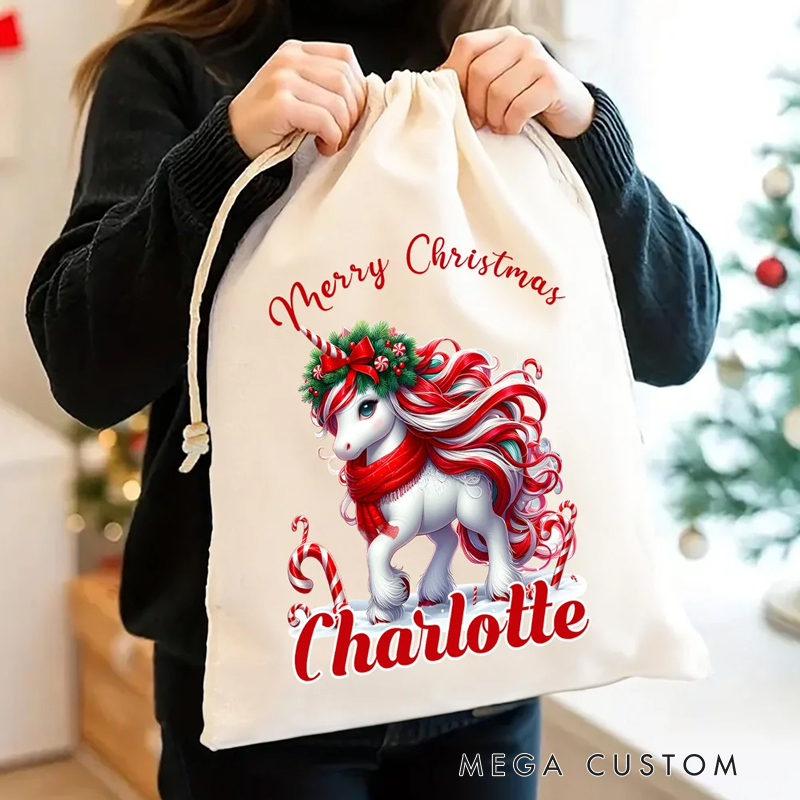 Personalized Merry Christmas Fantasy Dream Horse Drawstring Gift Bag with Name Christmas Eve Party Favors for Girls Boys Kids