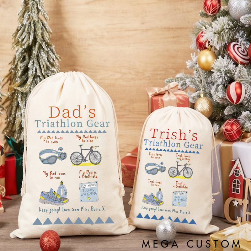 Personalized Merry Christmas Sack Family Christmas Gift Wrap Bag Triathlon Gear Sack Swim Bike Run Storage Gift Cotton Cycling Kit Sports Bag Gift for Cyclist Bicycle Biker Riding Lovers