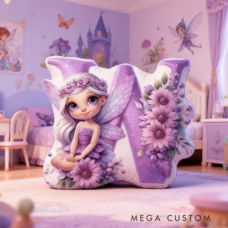 Personalized Fairy Letter Custom Name Soft Decorative Gift Magical Fantasy Style Cozy Bedroom Purple Flower Sparkle Dream Lovely Wings Enchanted Night Graphic 3D Print Pillow