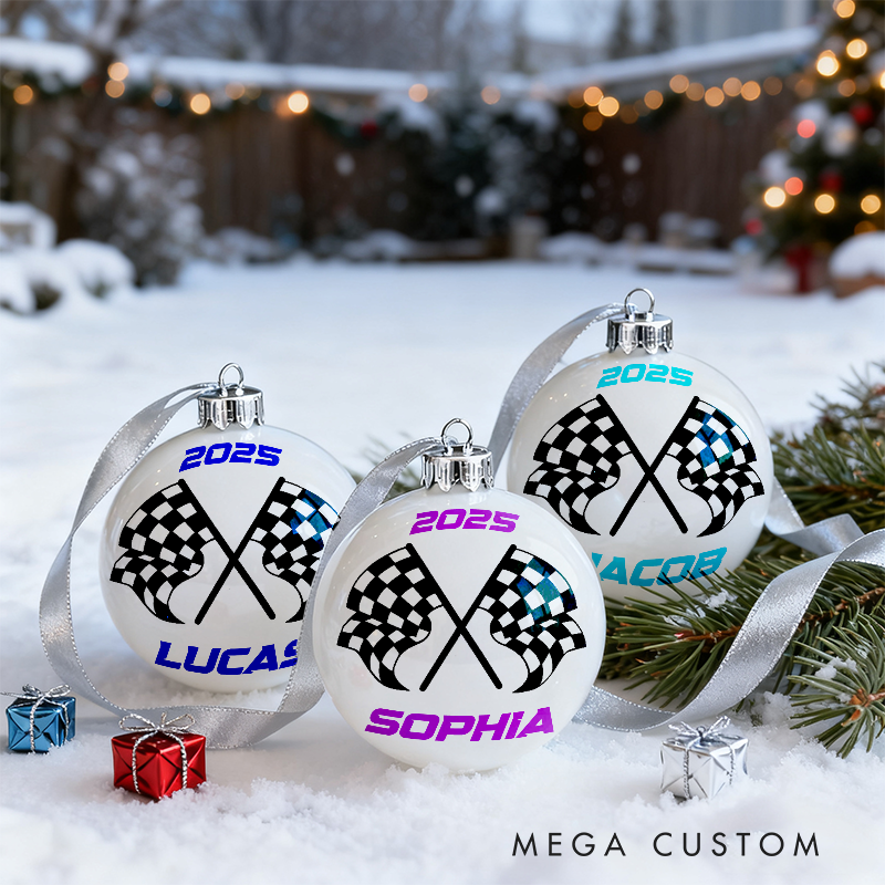 Personalized Racing Christmas Ornament Checkered Flag Ornament Set for Racers and Racing Lovers