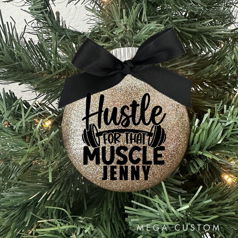 Personalized Bar Gym Motivation Workout Exercise Dumbbell Body Builder Athlete Glass Disc Glitter Christmas Holiday Tree Ornament with Bow