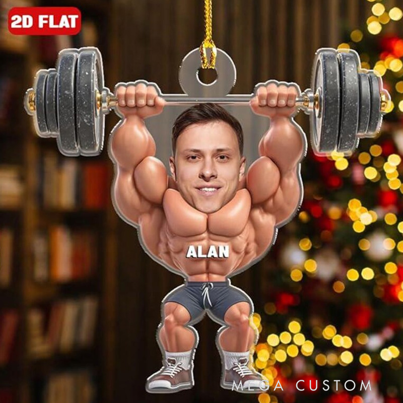 Personalized Gym Photo Funny Ornament Fitness Christmas Ornament Dumbbell Fitness Keepsake Xmas Tree Hanging Decoration for Gym Lovers