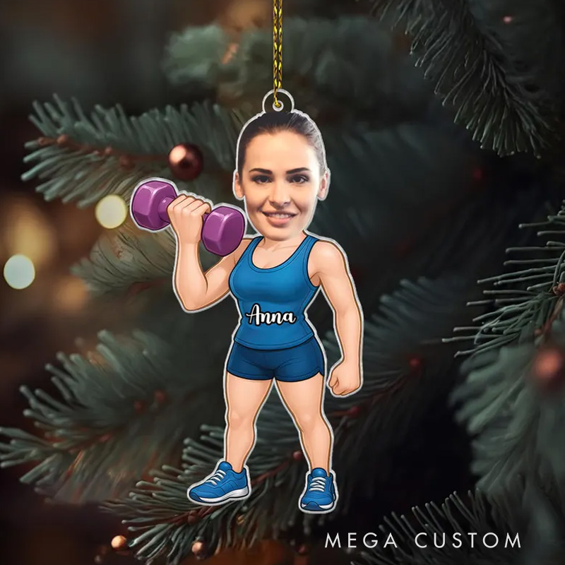 Personalized Fitness Ornament 2D Flat Custom Face Gym Ornament Gift for Women Girls Workout Christmas Ornament for Gym Lovers