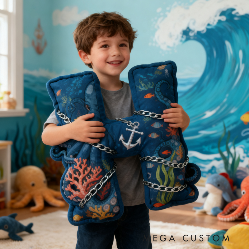 Personalized Ocean Letter Custom Name Soft Decorative Gift Underwater Sea Style Cozy Bedroom Blue Coral Octopus Anchor Fish Waves Marine Adventure Graphic 3D Print Pillow