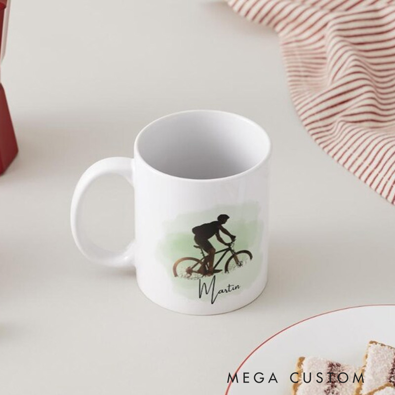 Personalized Cyclist Mug Mountain Bike Silhouette Custom Name for Biker Cycling Riding Lovers