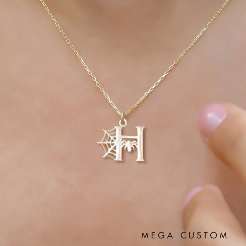 Personalized Initial Necklace Spiderweb Design Perfect for Halloween and Unique Style Lovers