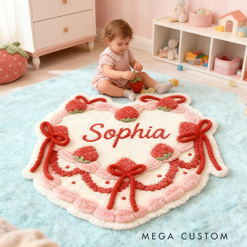 Personalized Strawberry Cake Custom Name Soft Decorative Gift Sweet Dessert Style Cozy Nursery Pink Red Ribbon Lovely Cute Baby Room Playtime Graphic Carpet Rug for Kids