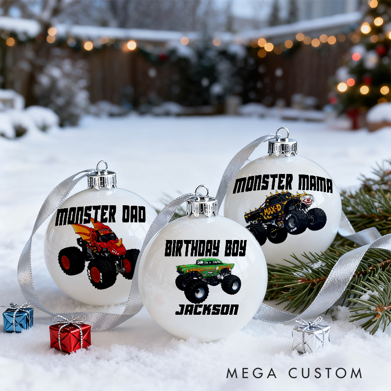 Personalized Monster Truck Christmas Ornaments Custom Designs Set of 3 Gift for Monster Truck Fans