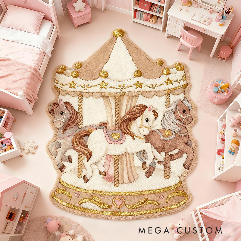 Personalized Carousel Horse Custom Name Soft Decorative Gift Magical Fairytale Style Cozy Nursery Pink Dream Lovely Ride Sweet Princess Room Graphic Carpet Rug for Kids