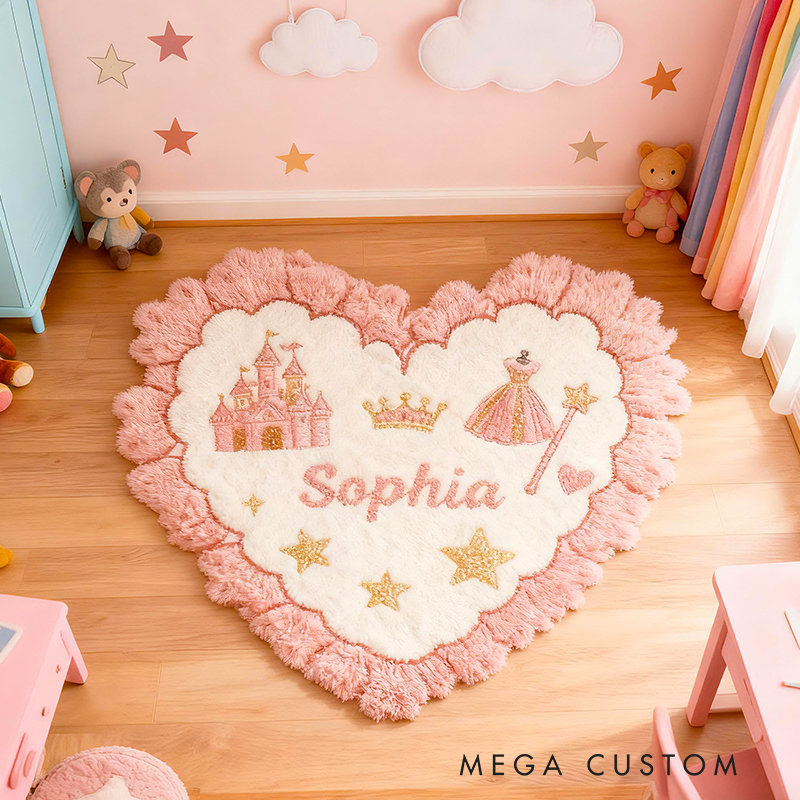 Personalized Princess Heart Custom Name Soft Decorative Gift Magical Castle Style Cozy Nursery Pink Crown Star Dress Lovely Fairy Tale Room Graphic Carpet Rug for Kids