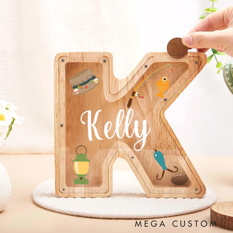 Personalized Fishing Themed Letter-Shaped Piggy Bank Custom Wooden Coin Bank Gift for Kids and Fishing Lovers