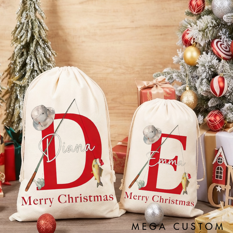 Personalized Fishing Themed Christmas Gift Bag Custom Name Santa Sack for Fishing Lovers Perfect Holiday Decoration and Gift Storage