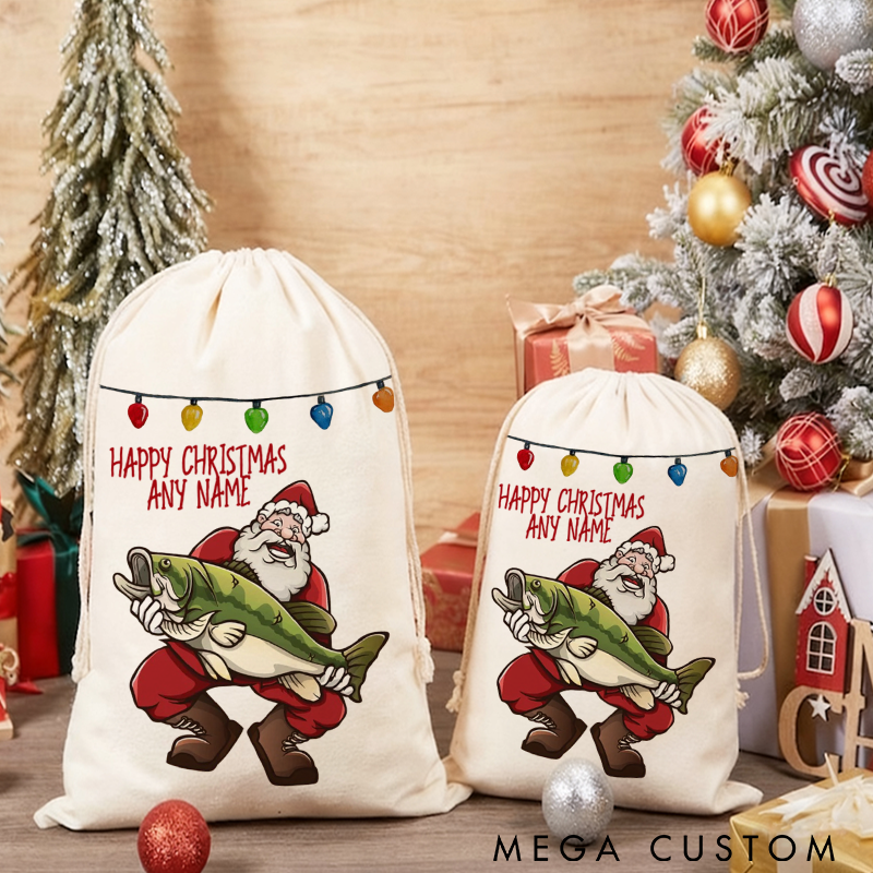 Personalized Fishing Santa Christmas Gift Bag Custom Name Holiday Sack for Fishing Enthusiasts Perfect for Gifts and Festive Decor