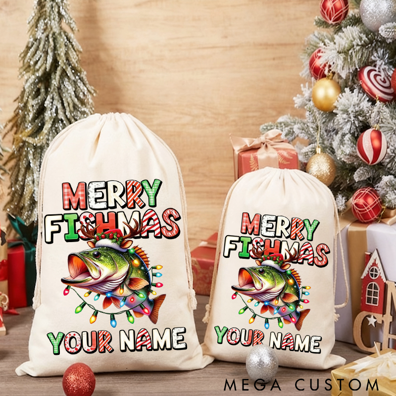 Personalized Merry Fishmas Gift Bag Custom Name Christmas Sack for Fishing Lovers Funny Holiday Decoration and Gift Storage