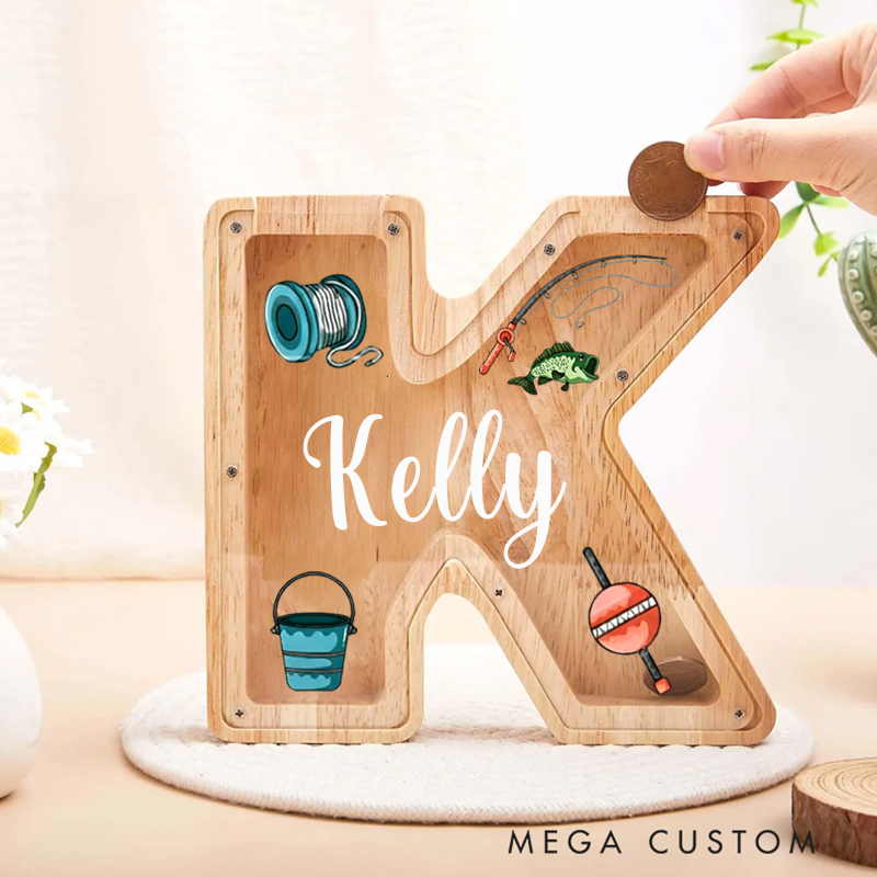 Personalized Fishing Themed Letter Coin Bank Custom Name Wooden Money Box for Fishing Lovers Unique Gift and Home Decor