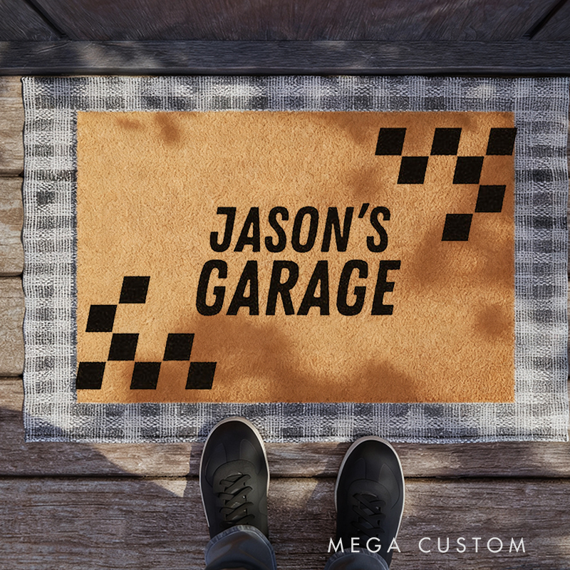 Personalized Racing Checkered Flag Doormat Custom Text Garage Entrance Mat Gift for Car Lovers