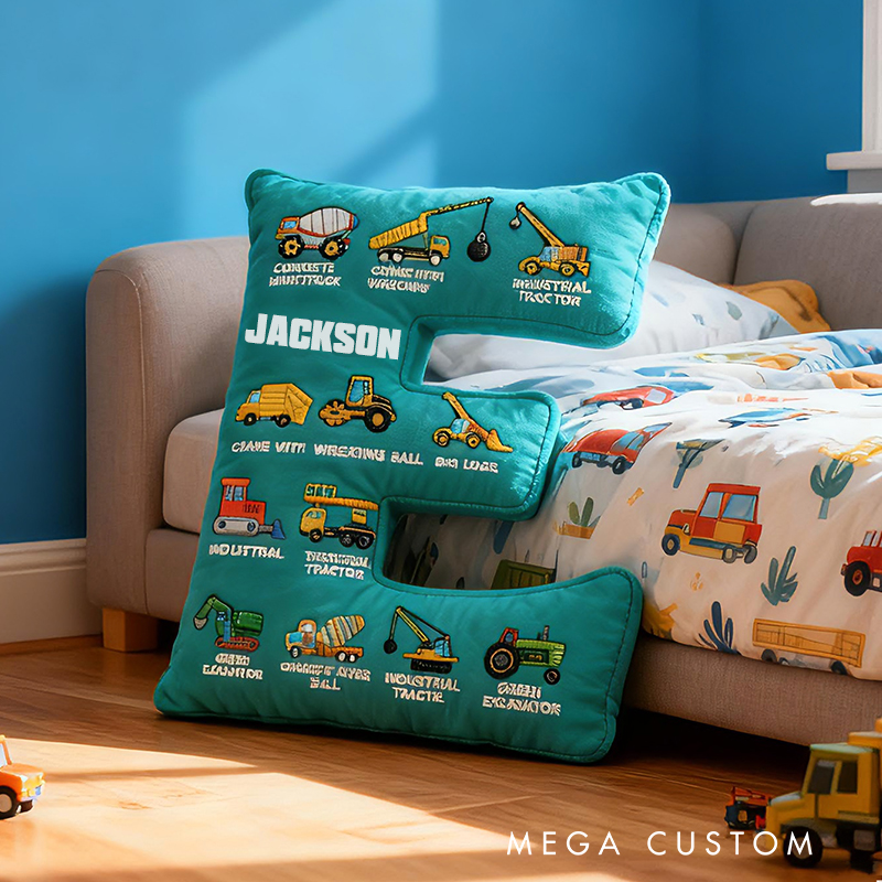 Personalized Construction Letter Custom Name Soft Decorative Gift Builder Truck Style Cozy Bedroom Blue Crane Excavator Tractor Vehicle Fun Boy Room Graphic 3D Print Pillow