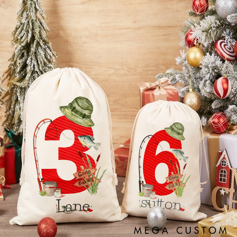 Personalized Fishing Gift Bag Christmas Children Gift Bag Custom Name and Number Design with Fishing Theme Perfect for Christmas Gifts or Fishing Gear Storage