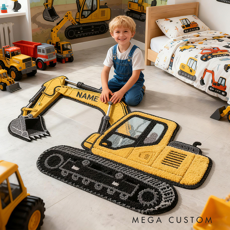 Personalized Excavator Truck Custom Name Soft Decorative Gift Construction Vehicle Style Cozy Bedroom Yellow Builder Machine Fun Playtime Adventure Boy Room Carpet Rug for Kids