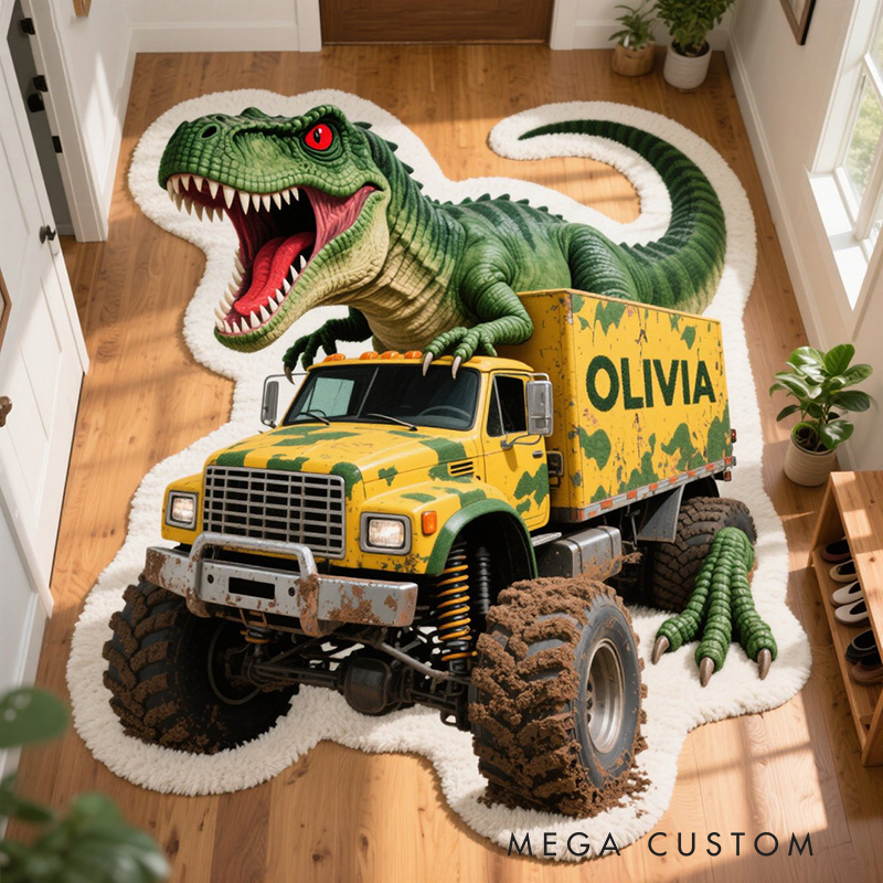 Personalized Dinosaur Jeep Custom Name Soft Decorative Gift Adventure Style Cozy Bedroom Green T Rex Red Car Cool Fun Playtime Explorer Boy Room Creative Carpet Rug for Kids