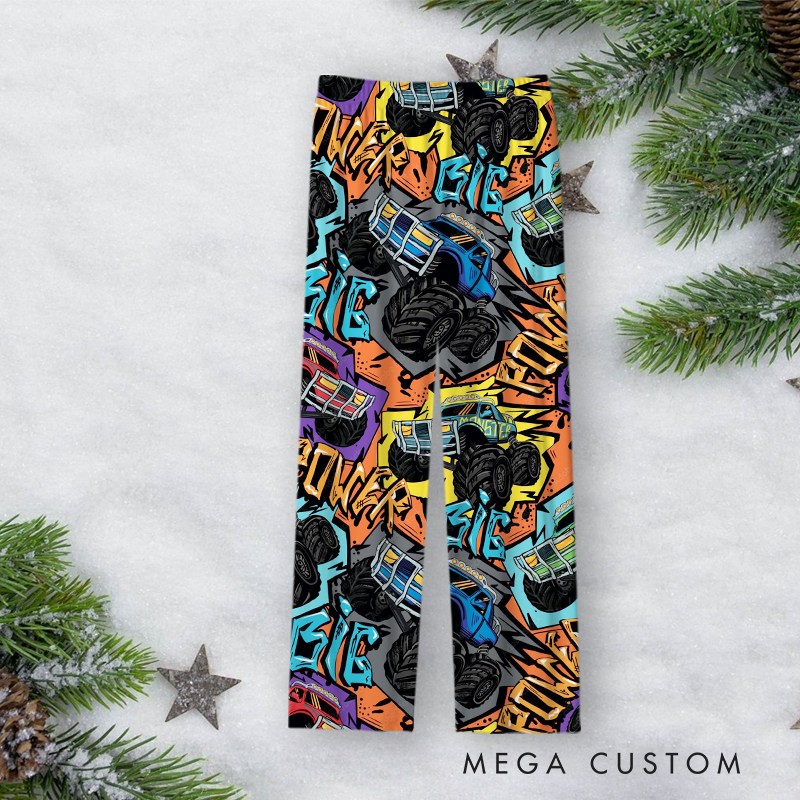 Personalized Monster Truck Racing Themed Christmas Pajamas with Colorful Graphics Gift for Motorsport Fans