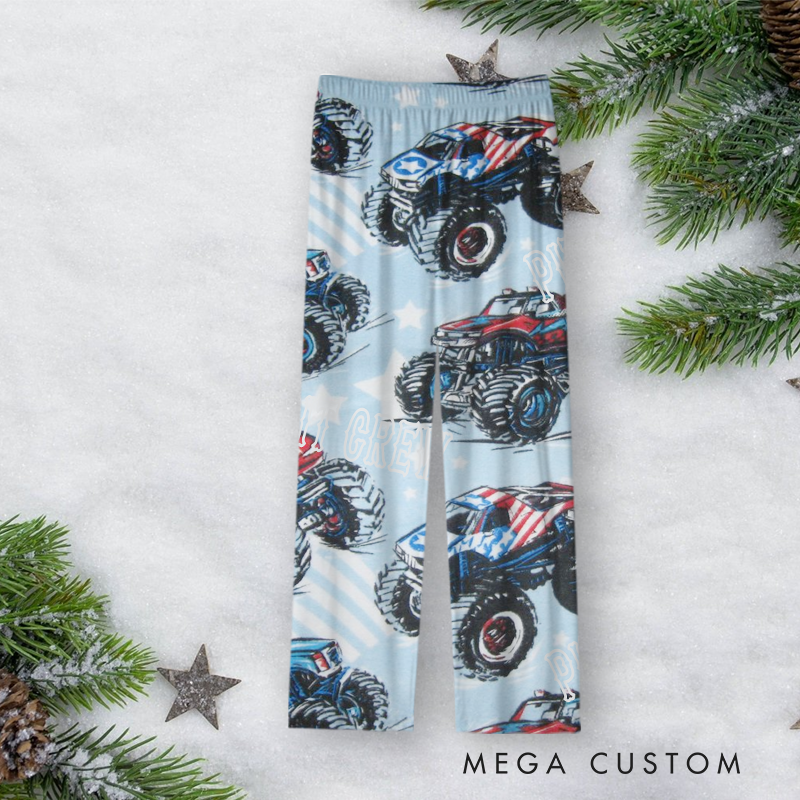 Personalized Monster Truck Christmas Pajama Set with Cool Blue Design Vehicle Lover Gift