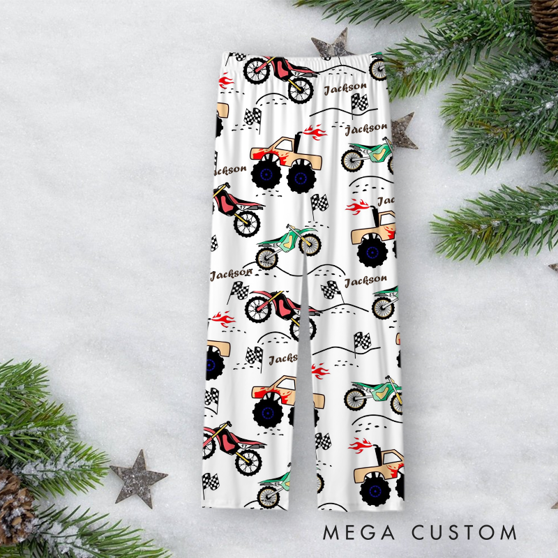 Personalized Monster Truck Christmas Pajama Set with Custom Name and Festive Design Vehicle Lover Gift