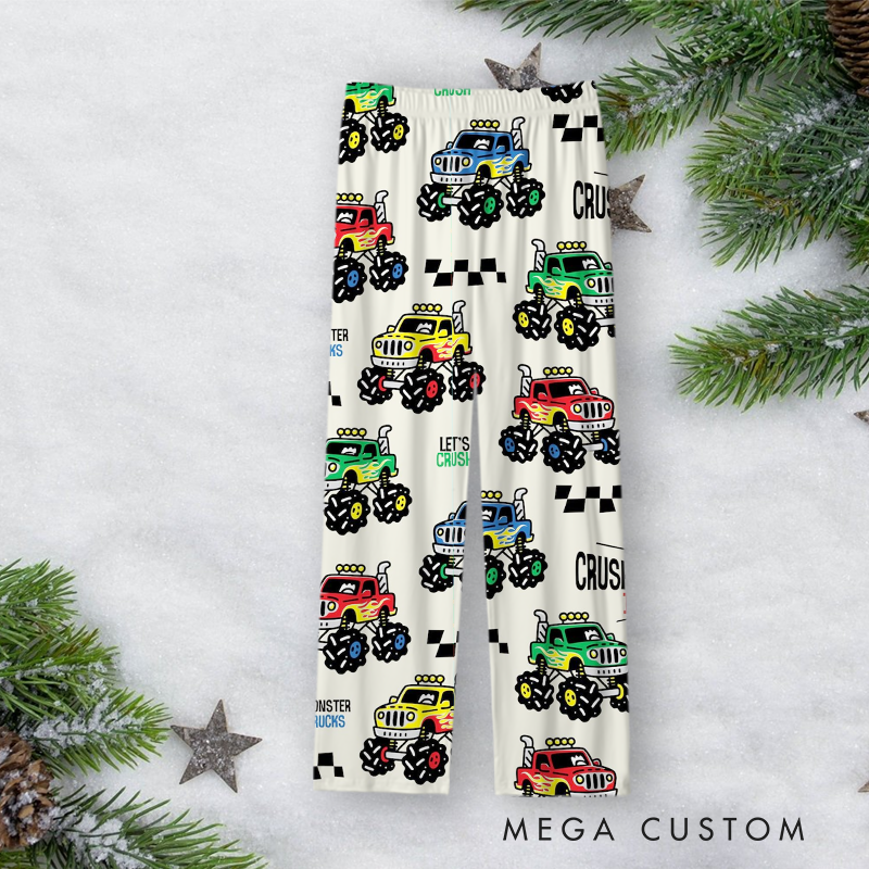 Personalized Monster Truck Christmas Pajama Set with Colorful Checkered Design Vehicle Lover Gift