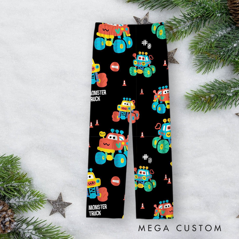 Personalized Monster Truck Christmas Pajama Set with Fun Cartoon Design Vehicle Lover Gift