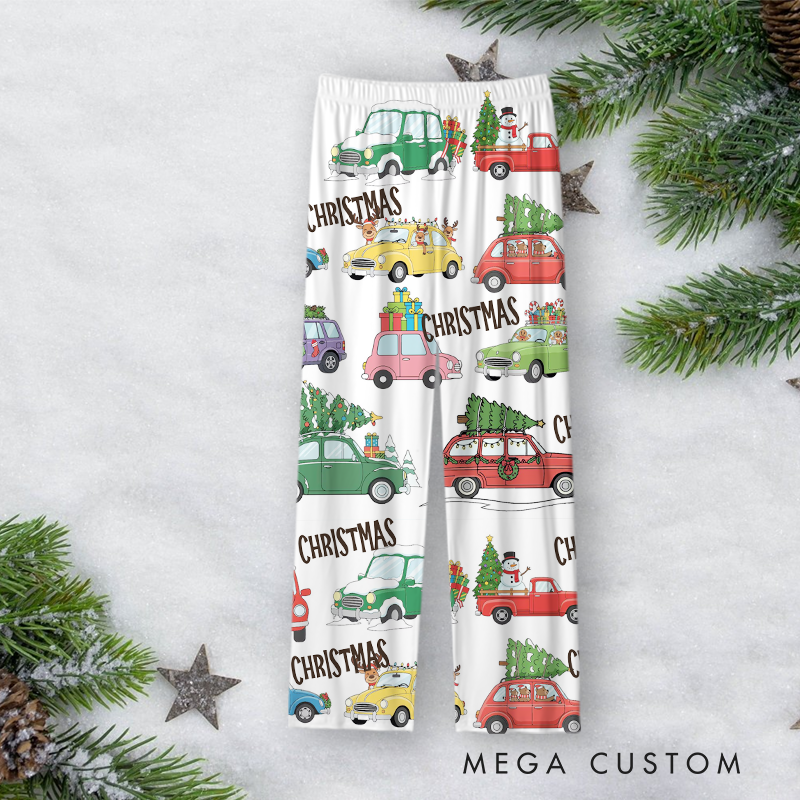 Personalized Christmas Pajama Set with Festive Car and Tree Design Vehicle Lover Gift