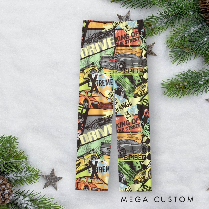 Personalized Race Car Christmas Pajama Set with Bold Graphic Design Vehicle Lover Gift