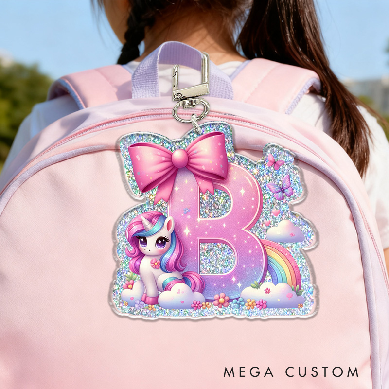 Personalized Dream Horse Bow Initial Custom Name Soft Decorative Gift Pink Rainbow Style Sparkle Dream Cute Magical Cloud Fantasy Lovely Girl Charm Accessory Glitter Keychain