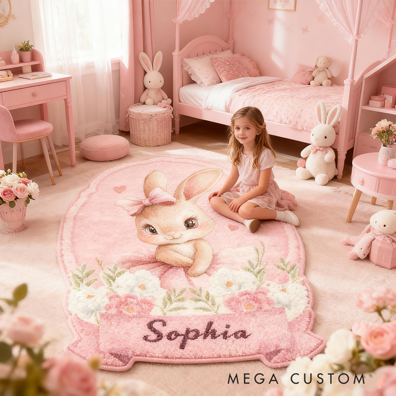 Personalized Bunny Name Custom Soft Decorative Gift Pink Floral Style Cute Animal Lovely Princess Room Cozy Sweet Garden Dream Floor Mat Carpet Rug for Kids