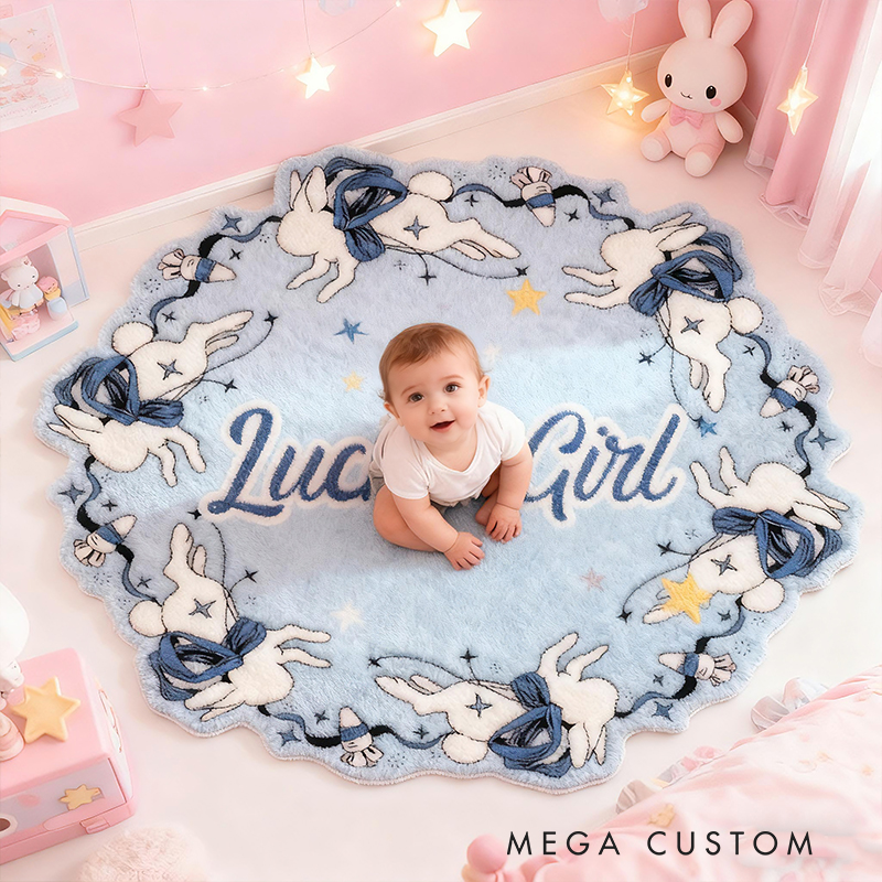 Personalized Bunny Moon Name Custom Soft Decorative Gift Blue Starry Style Cute Dream Lovely Night Sky Cozy Bedroom Sweet Magic Floor Mat Carpet Rug for Kids