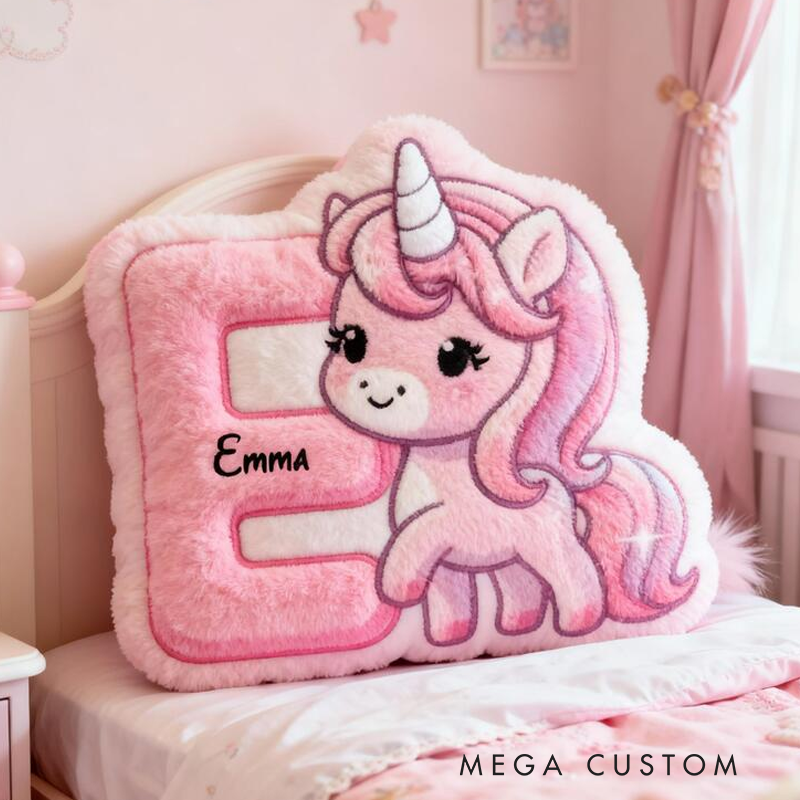 Personalized Unicorn Initial Name Custom Soft Decorative Gift Pink Cute Magical Style Lovely Pony Sweet Dream Cozy Bedroom Hug Pillow Fun Kids Room Graphic 3D Print Pillow