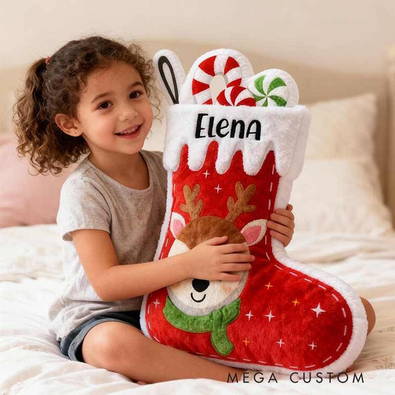 Personalized Christmas Stocking Name Custom Soft Decorative Gift Red Holiday Style Cute Reindeer Candy Cozy Winter Festive Room Lovely Joyful Graphic 3D Print Pillow
