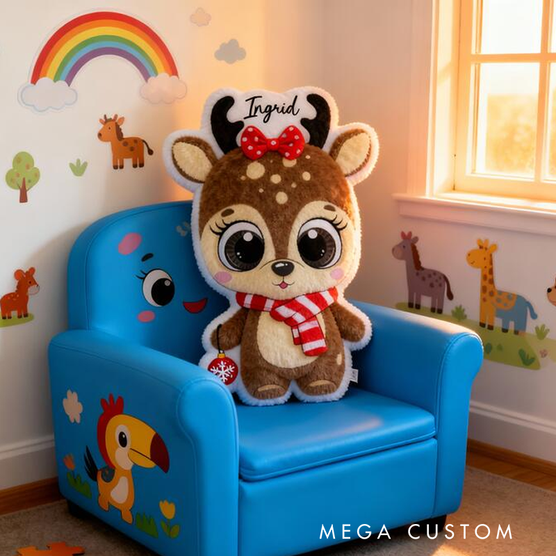 Personalized Reindeer Name Custom Soft Decorative Gift Brown Holiday Style Cute Winter Cozy Festive Lovely Animal Red Scarf Snow Fun Christmas Room Graphic 3D Print Pillow