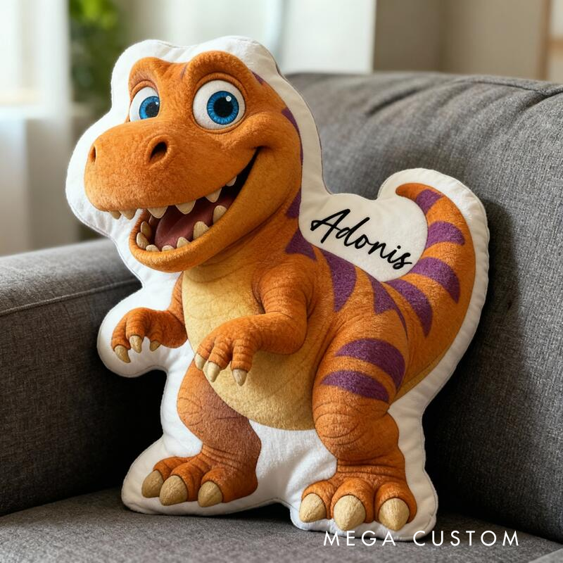 Personalized Dinosaur Name Custom Soft Decorative Gift Orange T Rex Style Fun Adventure Cute Cartoon Animal Playroom Cozy Boy Room Lovely Graphic 3D Print Pillow