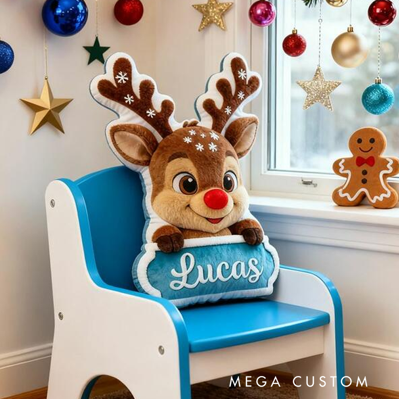 Personalized Reindeer Name Custom Soft Decorative Gift Red Nose Holiday Style Cute Winter Cozy Festive Joyful Lovely Christmas Room Fun Snowy Graphic 3D Print Pillow