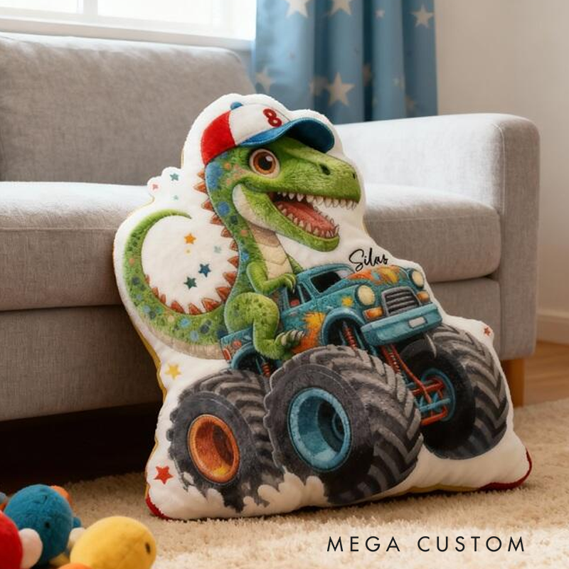 Personalized Dinosaur Truck Name Custom Soft Decorative Gift Green T Rex Style Fun Adventure Monster Car Cool Playroom Cozy Boy Room Exciting Graphic 3D Print Pillow