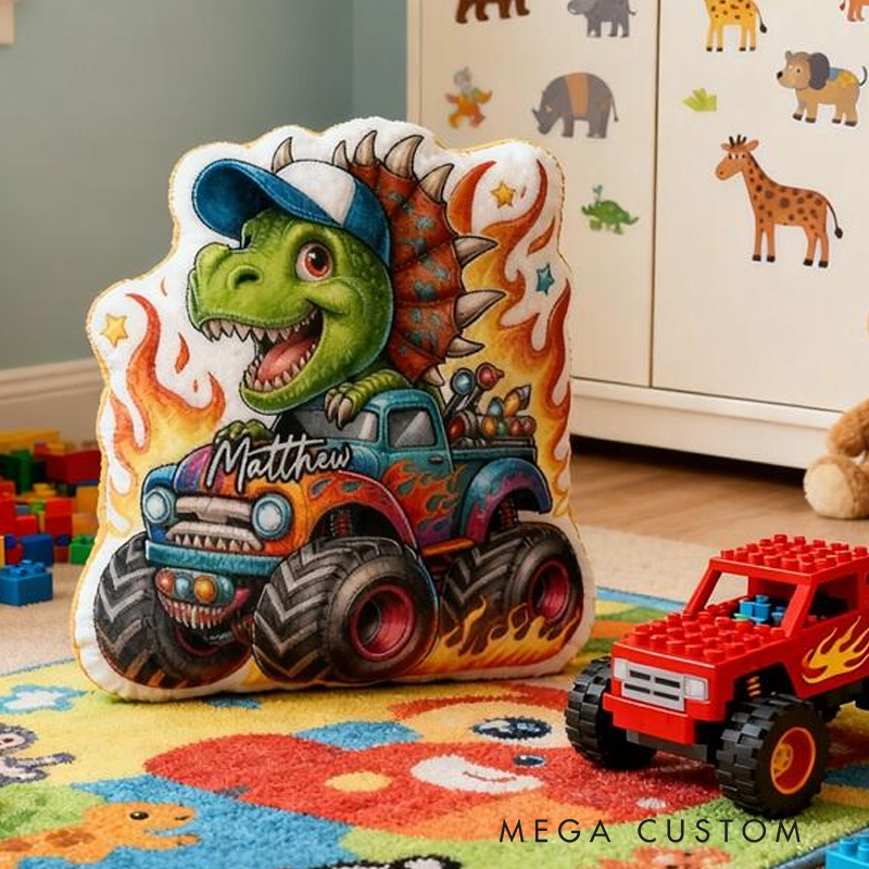 Personalized Dinosaur Truck Name Custom Soft Decorative Gift Green Spinosaurus Style Fun Adventure Monster Car Cool Playroom Cozy Boy Room Exciting Graphic 3D Print Pillow