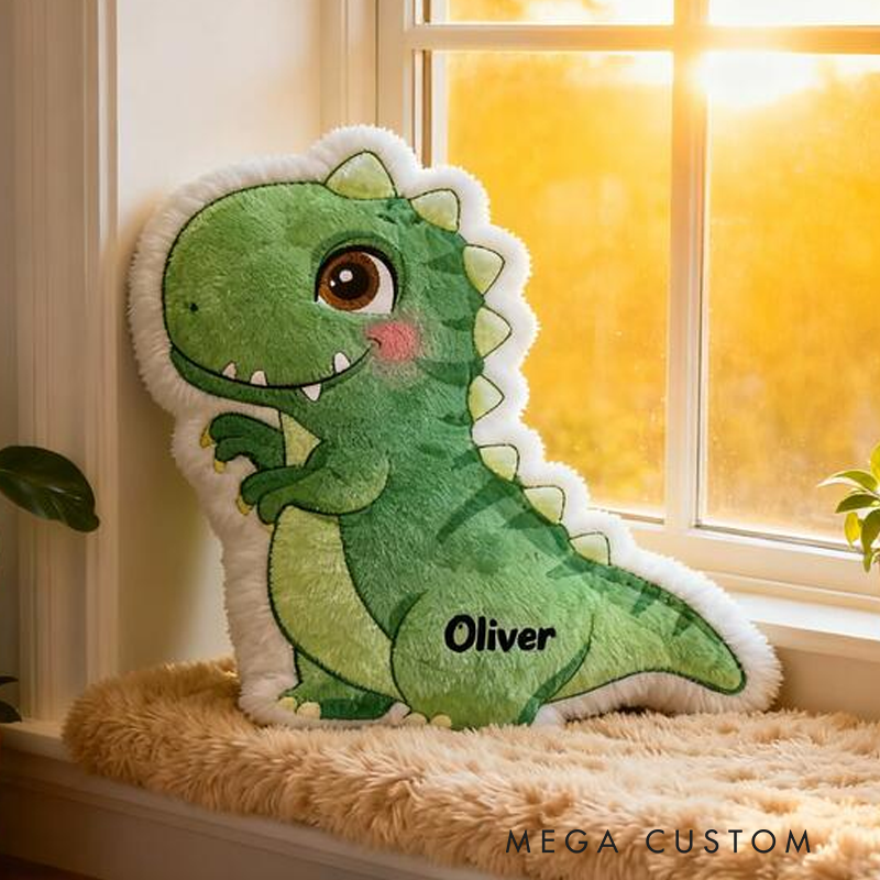 Personalized Green Dino Name Custom Soft Decorative Gift Cute T Rex Style Fun Adventure Cozy Playroom Lovely Boy Room Jurassic Fantasy Friendly Creature Graphic 3D Print Pillow