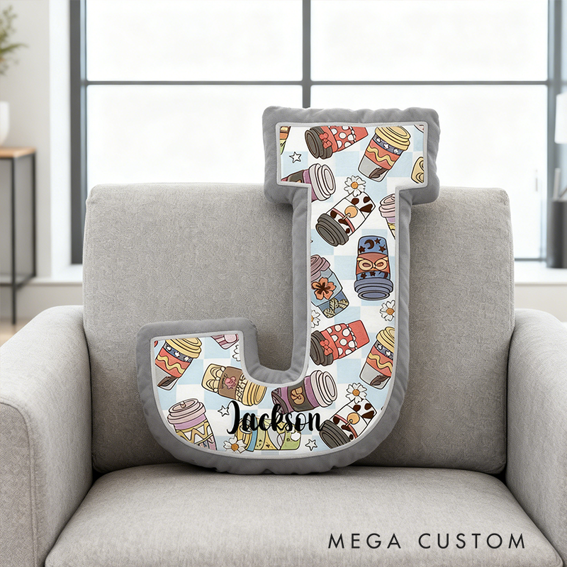 Personalized Coffee Themed Letter Shaped Pillow  Custom Name Design Gift