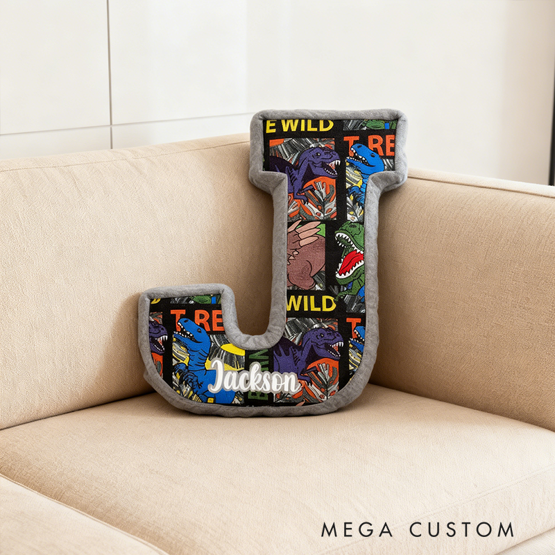 Personalized Dinosaur Themed Letter Shaped Pillow Custom Name Design