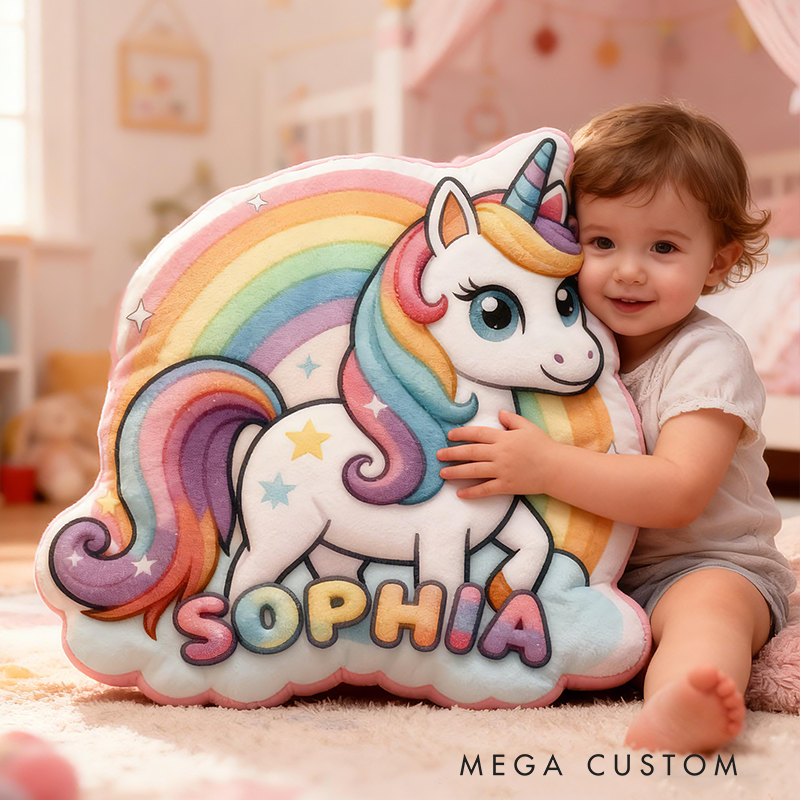 Personalized Dreamy Horse Rainbow Name Custom Soft Decorative Gift Magical Fantasy Style Cute Dream Lovely Princess Cozy Bedroom Playroom Colorful Starry Fun Graphic 3D Print Pillow