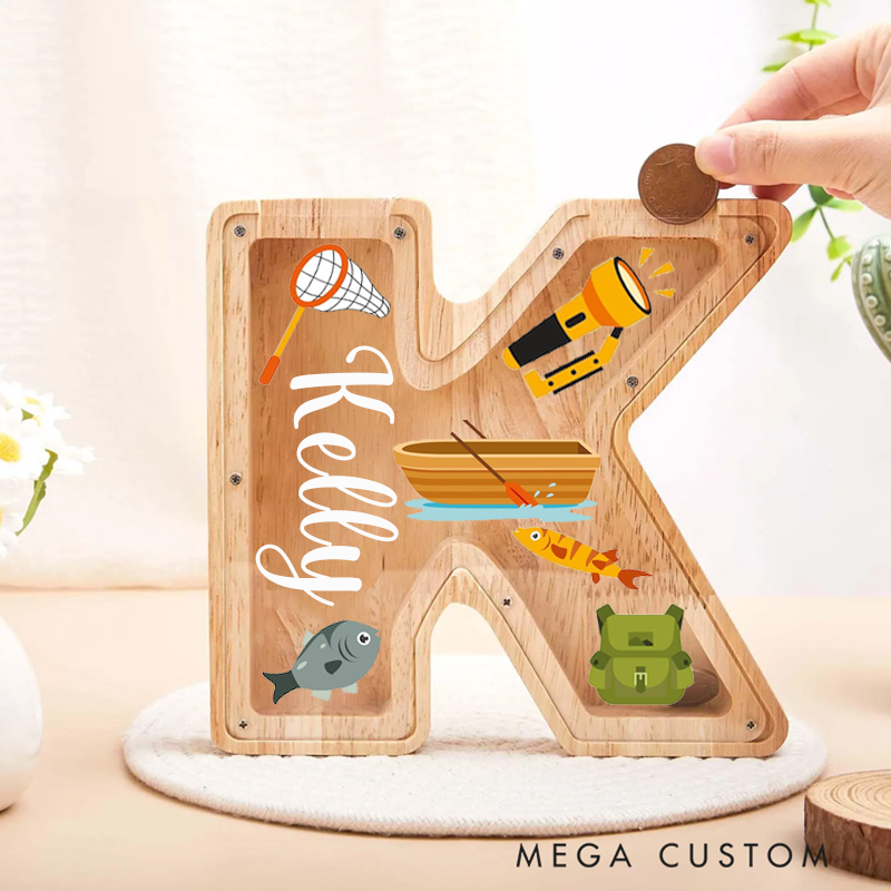 Personalized Fishing Themed Wooden Letter Piggy Bank Fun Boat and Fishing Gear Design Custom Name Perfect Gift for Kids and Anglers