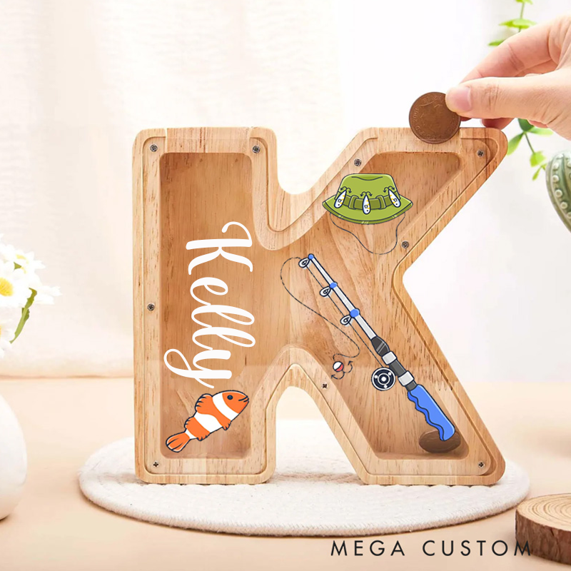Personalized Fishing Themed Wooden Letter Piggy Bank Fun Fishing Hat Rod and Boat Design Custom Name Perfect Gift for Kids and Anglers